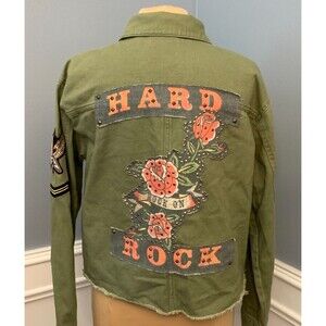 Hard Rock Ibiza Stones Jacket Womens L Denim Military Crop Graffiti Memorabilia